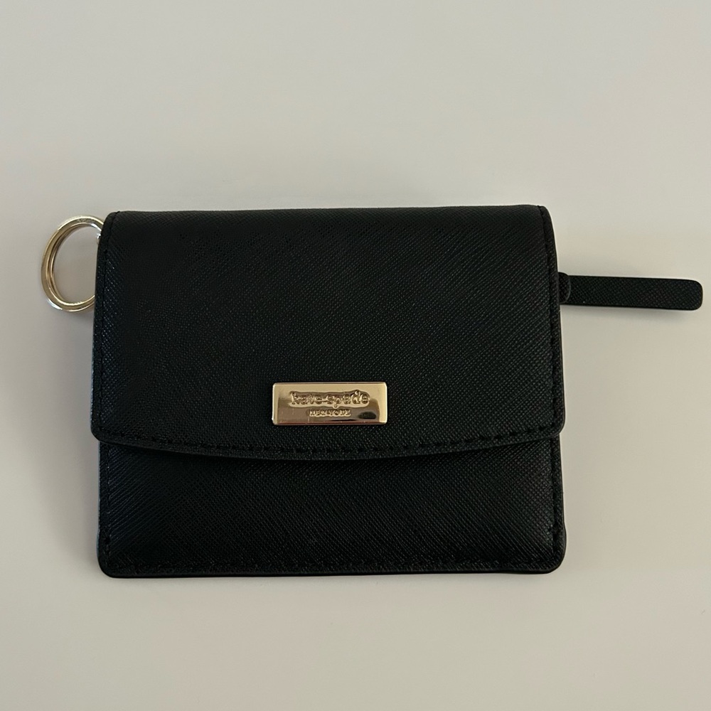Kate Spade Black Small Card Holder Leather Wallet with Gold Accent